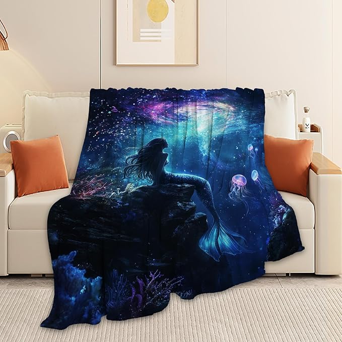 Mermaid Blanket, Blue Ocean Throw Blanket, Underwater Jellyfish Gifts Blankets Stuff Fleece Flannel Plush for Girls Women Men Boys Lovers Adults Soft Bedding Gift for Sofa Bed Office Decor 80"x60"