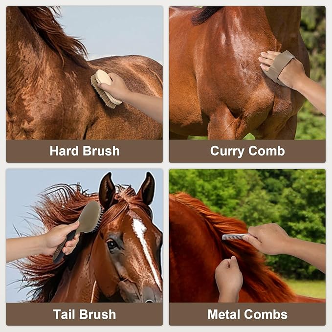 Swess Horse Grooming Kit 14 Piece, Horse Brushes Set for Grooming & Bathing Supplies, Professional Horse Supplies with Mane & Tail Comb, Curry Comb, Hoof Pick, Gloves & Mesh Tote Bag for Equine Care