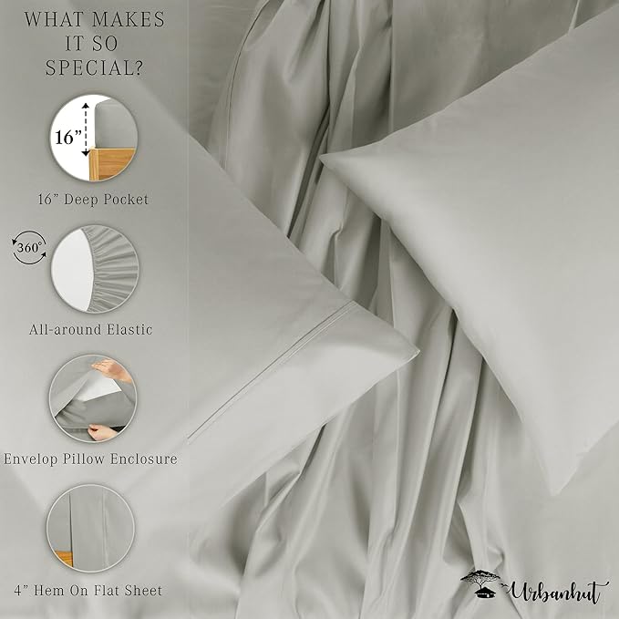 URBANHUT 1000 Thread Count Egyptian Cotton Sheets King Size, Breathable Long Staple, 4 Pc Bed Sheet Sets, Luxury Hotel Sateen Sheets Fits 16" Deep Pocket - Silver Grey