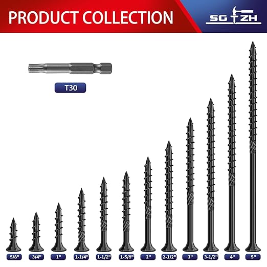 #14 x 6 Inch Deck Screws (200Pcs) 8lb. Carbon Steel, Black, Flat Head, Rust Resistant epoxy Coated, with T30 Star Bit