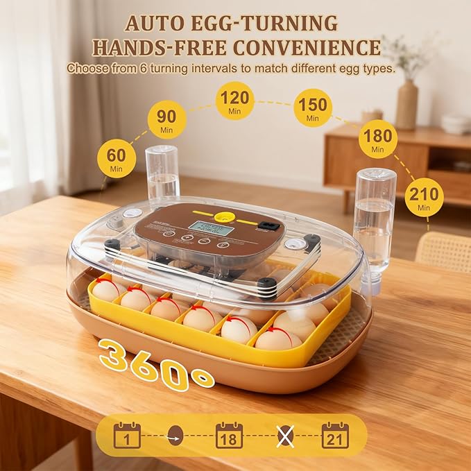 24 Egg Incubator for Hatching with Automatic Turner, Smart Temperature & Humidity Control, 360° Viewing, Egg Candler, Auto Water Refill, Ideal for Chicken, Duck, Quail, Goose-Brown (24 Egg-Brown)