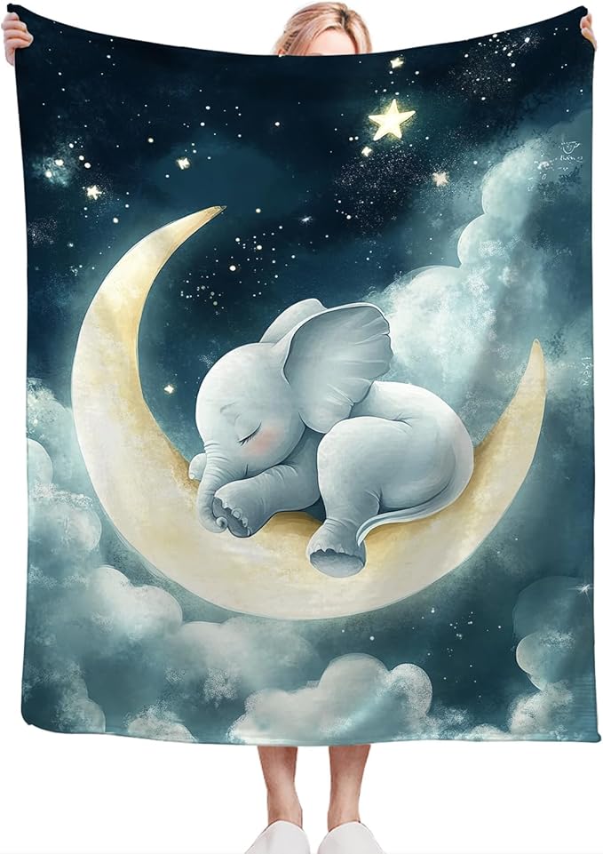 Elephant Throw Blanket - Ultra Soft Cozy Cute Moon Design - Fleece Fuzzy Plush Decor Gifts for Women Girls Adults - Couch Sofa 50"x40"