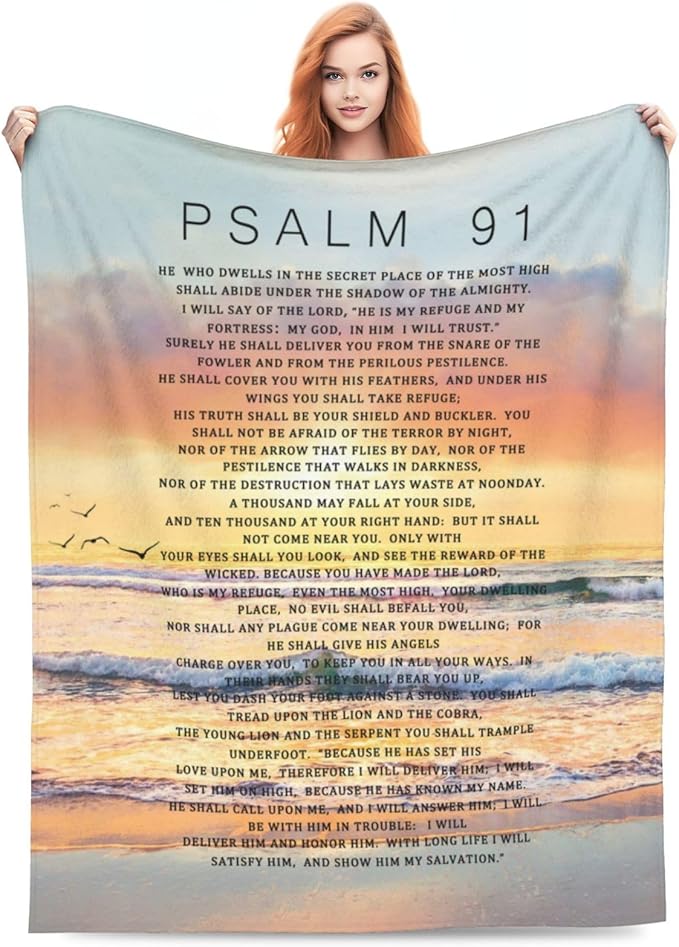 Psalm 91 Blanket Christian Gifts Religious Bible Verse Scripture Throw Blanket Comfy Plush Flannel Fleece Warm Soft Fluffy Fuzzy Blanket for Prayer Women Teens for Bed Sofa Couch 60"X80"