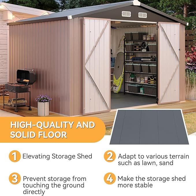 Aoxun 10x8 FT Galvanized Steel Outdoor Storage Shed - Metal Garden Shed with Double Doors, Thick Moisture-Proof Interlocking Floor, Ventilation System - Ideal for Generator & Tool Storage (Brown)