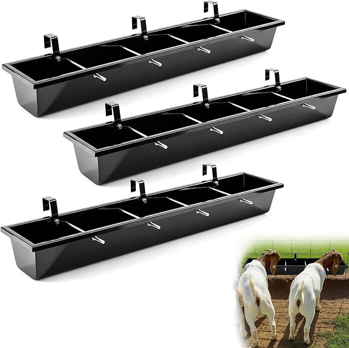 3 Pcs 26" Galvanized Steel Goat Feeder Hanging Trough 7.8 Quart Five Slot Heavy Duty Horse Livestock Fence Mount Feeder Divided Hook Over Rack Goat Water Trough for Horse Pig Dog