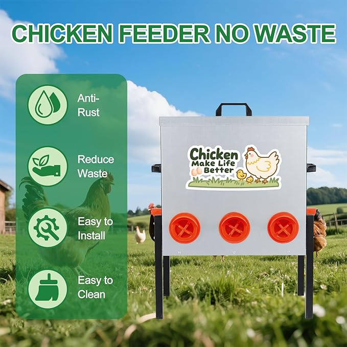 50 LB Automatic Chicken Feeder 8 Feeding Ports, No-Waste Poultry Feeder with Locking Lid and Adjustable Legs for Inside Chicken Coops Metal Automatic Poultry Feeders (Sliver, 50LB with 8 Ports)