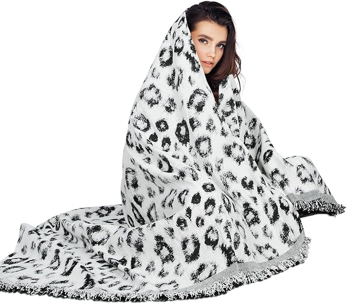 MACEVIA Boho Throw Blanket for Bed, Snow Leopard Printed Blanket, Woven Boho Blankets and Throws with Tassel for Couch Sofa, All Season Home Decor Cheetah Blanket (Snow Leopard 50"×70")