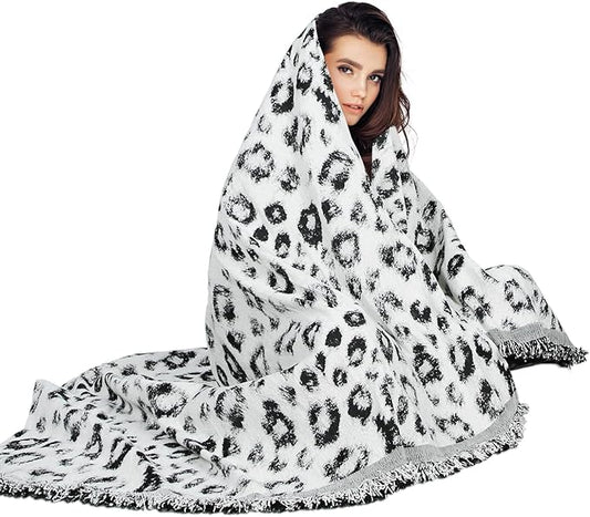 MACEVIA Boho Throw Blanket for Bed, Snow Leopard Printed Blanket, Woven Boho Blankets and Throws with Tassel for Couch Sofa, All Season Home Decor Cheetah Blanket (Snow Leopard 50"×70")