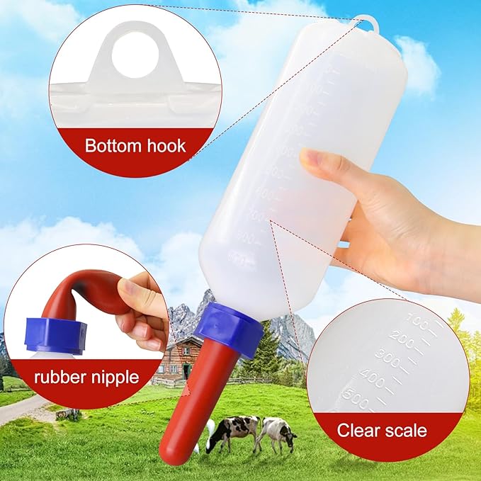 1L Calf Milk Feeder Bottle with Screw-On Cap, Nipple & Replacement Nipple, Multi-Purpose Hanging Bottle for Calves, Sheep, Goats, Cows