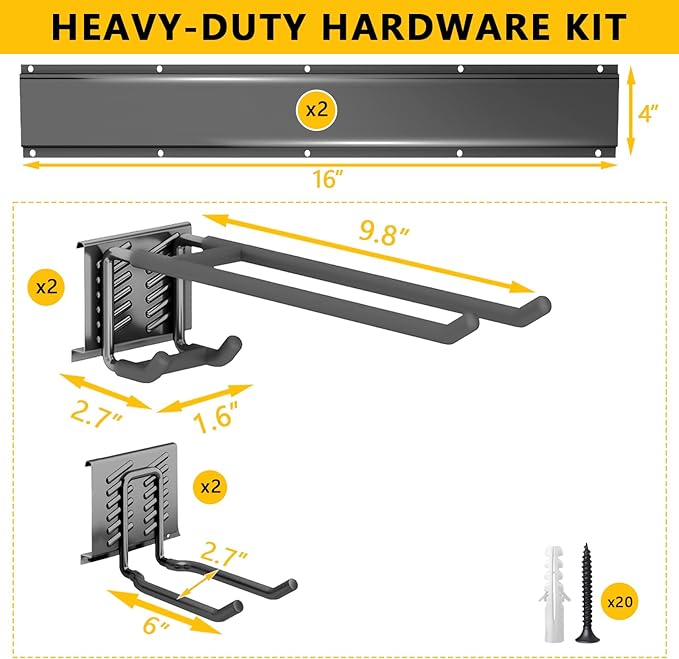 Garage Tool Organizer Wall Mount, 32inch Heavy-Duty Garage Storage System and Garden Tool Organizer with 4 Adjustable Hooks for Shovel, Snowboard, Yard Tools and Shed