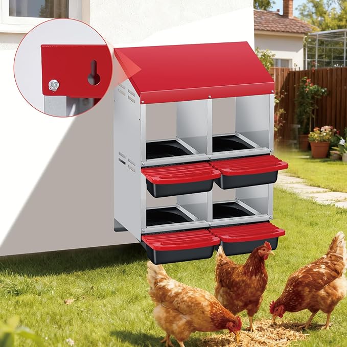 GarveeLife Chicken Nesting Box, 4 Compartments Laying Nest Boxes for Laying Eggs Chicken Brooder Box Nest Box with Perch 2x2 Hole Red