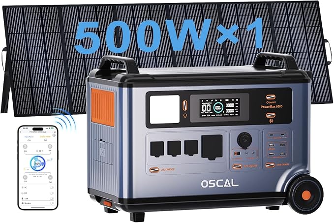 OSCAL 6000W(Peak 9000W) Solar Generator with 1x500W Solar Panel,120V/240V Dual Voltage Power Station,3600WH EV-Grade LiFePO₄ Battery,4×6000W AC Outlets,2200W 1.96H Fast Charge,for Home Backup,RV.
