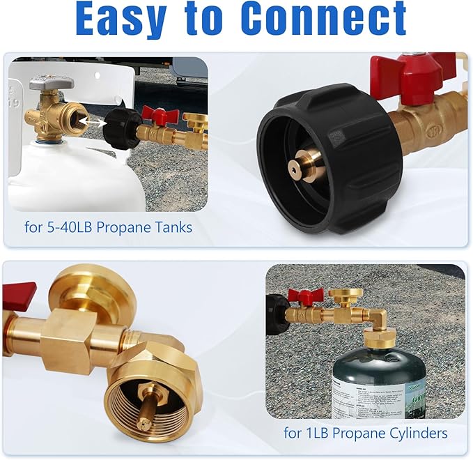 Propane Refill Adapter for 1 Lb. Tanks, Propane Adapter 20lb to 1lb Converter with On/Off Valve and Tank Gauge, for BBQ Grill Stove Camping with 2 Bottle Caps for Refillable 1 lb Cylinder, Solid Brass
