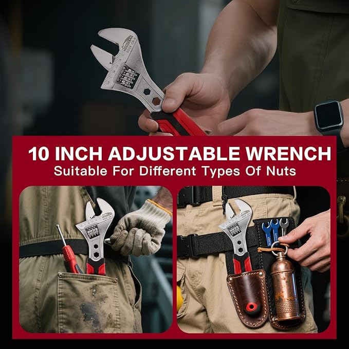 10-Inch Adjustable Wrench, Wide Jaw Adjustable Wrench with Anti-Slip Grips, Cr-V Steel Wrenchs for Home Repair, DIY, Garage