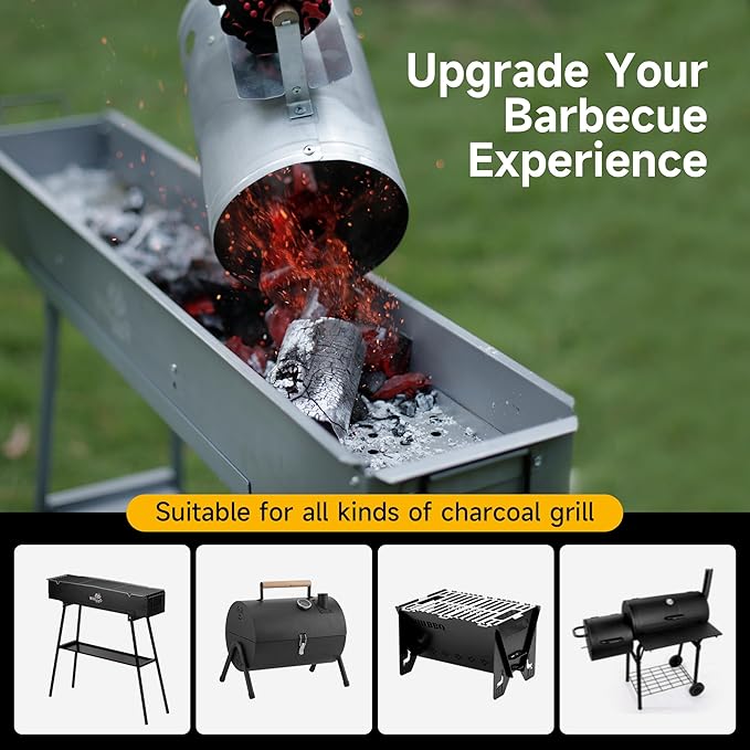 WILLBBQ Charcoal Chimney Starter, Heavy Duty Premium Chimney Starter for Charcoal Grills BBQ Accessory with Heat Resistant Wooden Handle for Outdoor Grill Camping (‌Silvery)