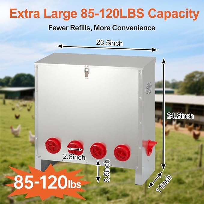 Large Automatic Chicken Feeder 85-120lbs, Galvanized Metal Chicken Food Dispenser, Rainproof & Rodent Proof No Waste Poultry Feeder for Backyard Coop, Farm, Ducks & Hens (10 Ports)