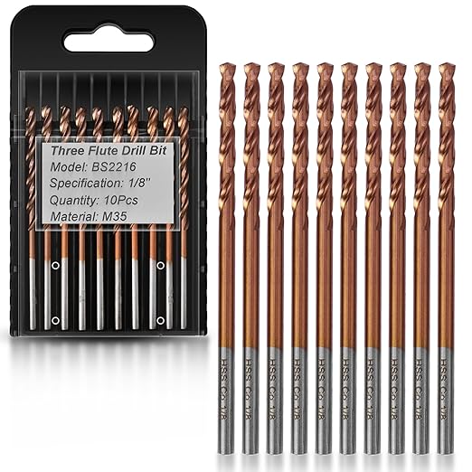 1/8" 3-Flute Cobalt Drill Bits, M35 Metal Drill Bits for Metal and Steel, 3-Flats Shank, 135 Degree Split Point, for Hardened Steel, Stainless Steel, 10-Piece