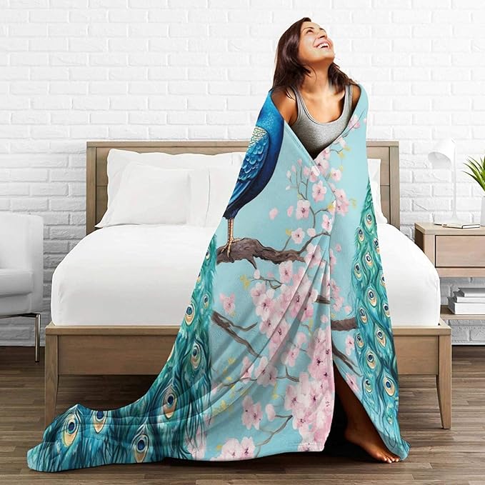 Peacock Fleece Throw Blanket - Cozy Warm Plush Soft Lightweight Animal Decor Flannel Bedding Stuff - Gifts for Lovers Girls Boys Adults Women - Bed Travel 50"x60"