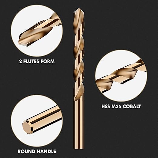 1/2" (5pcs) Cobalt Drill Bit Set, M35 High Speed Steel Jobber Length Drill Bit Kit for Hardened Metal, Stainless Steel, Cast Iron, Wood and Plastic, with Index Storage Case