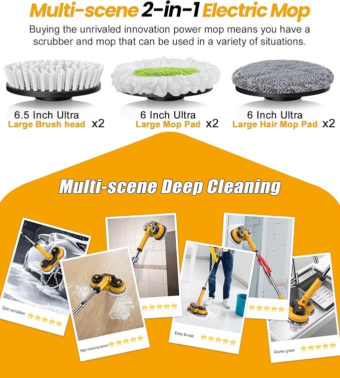 qimedo 6000mAh Battery Cordless Electric Mop M1 Pro, 800RPM Electric Power Scrubber & Mops for Floor Cleaning, Automatic Spin Mops with Smart Display,Rotating Mop with LED Light & Water Spray