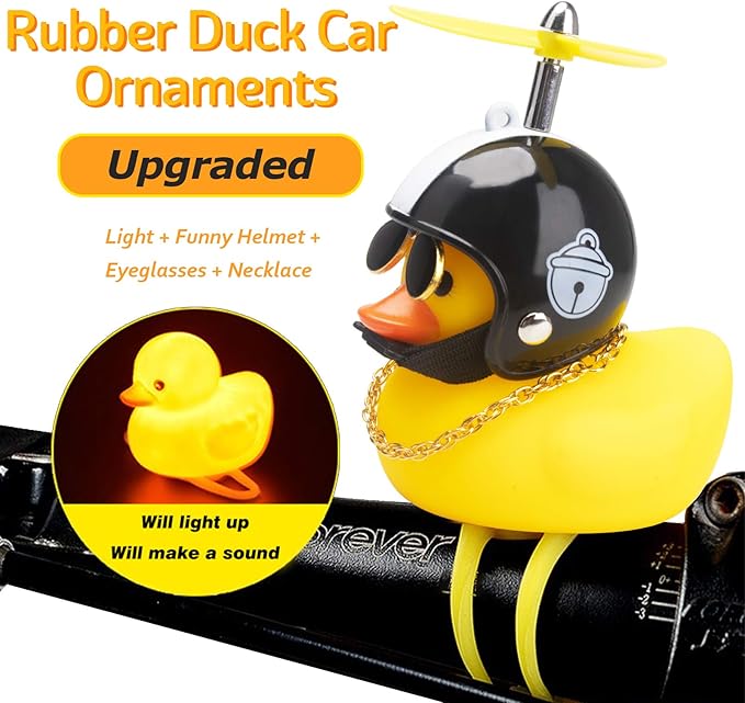 wonuu Rubber Duck Toy Car Ornaments Yellow Duck Car Dashboard Decorations Squeeze Duck Bicycle Horns with Propeller Helmet