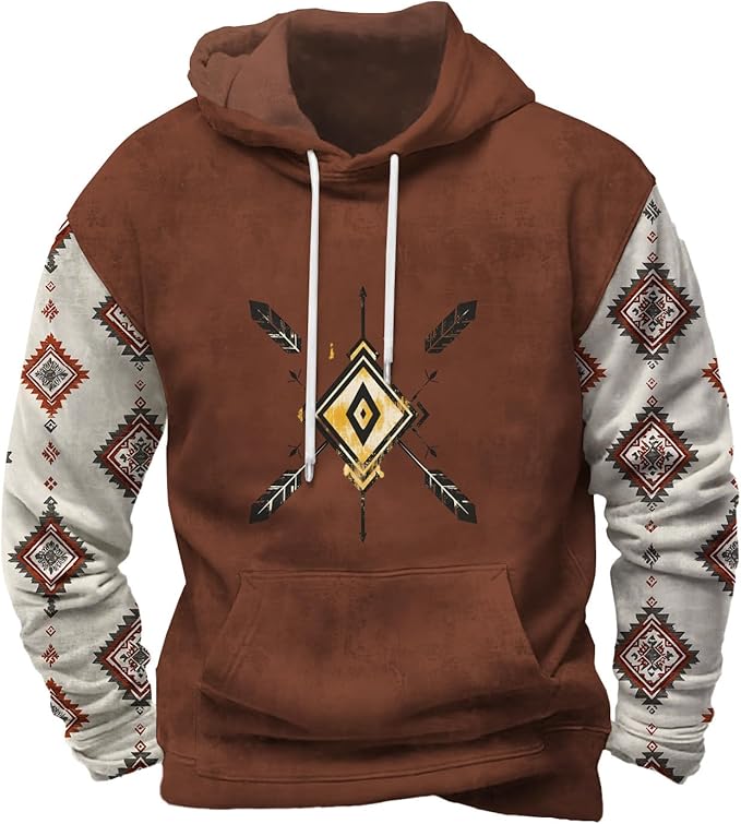 Mens Hooded Sweatshirt Vintage American Element Long Sleeve Fall Hoodie Classic Drawstring Front Pocket Pullover