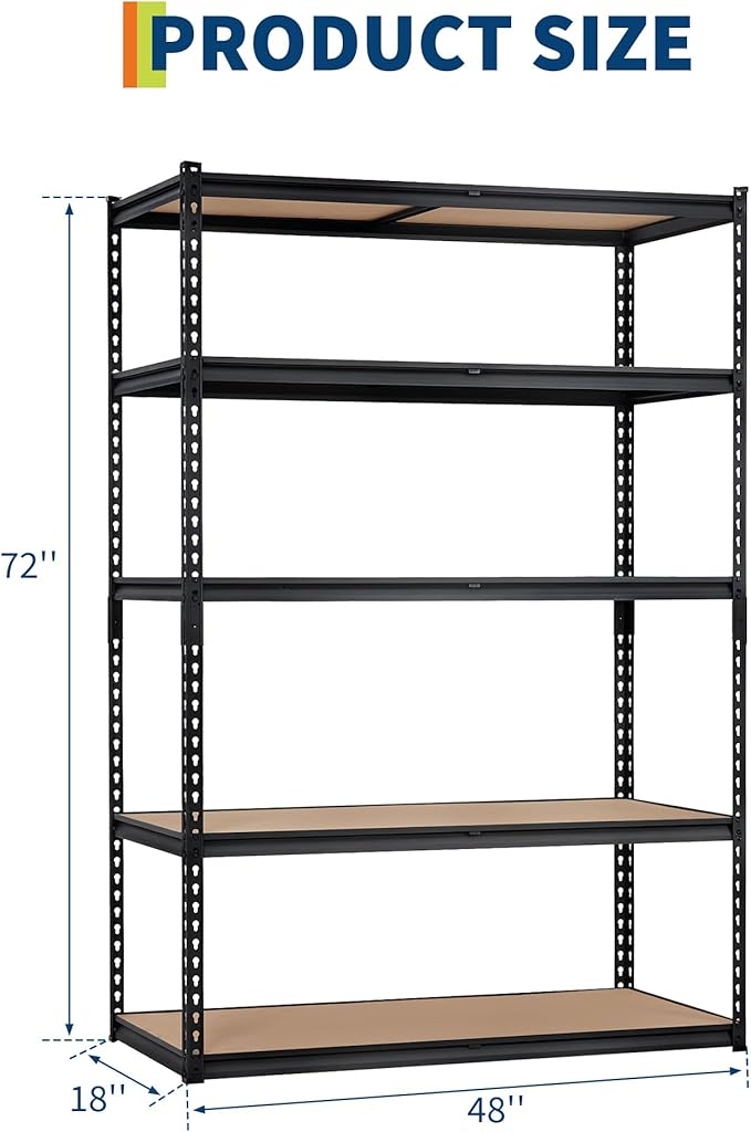 CABIHOME Garage Storage Shelves 5 Tiers, 48" W x 18" D x 72" H Heavy Duty Metal Shelving Unit, 2500 LBS Capacity Adjustable Boltless Storage Rack with MDF Boards for Garage, Pantry, Basement, or Wareh