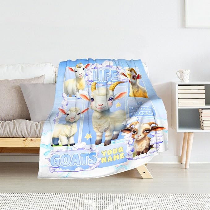Custom Goat Blanket for Girls - 60x80 Inches Twin Size with Name - Soft Fuzzy Plush Throws Gift - Blue Funny Throw Blanket for Bed, Couch, Living Room