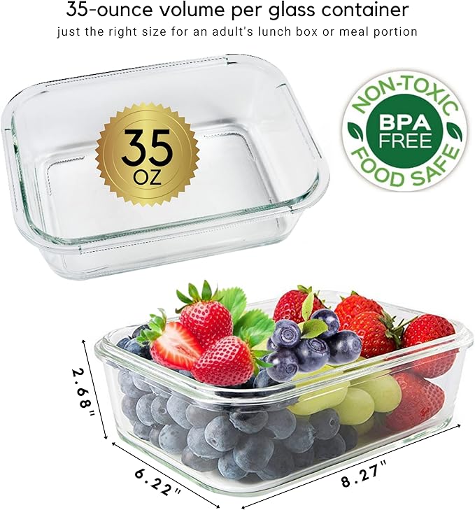 Brieftons Glass Meal Prep Containers: 5 Pack, 35 Oz with Airtight, Leakproof Snap Locking Lids, Perfect for Food Storage, Lunch & Portion Control, BPA-Free, Microwave, Oven, Freezer & Dishwasher Safe