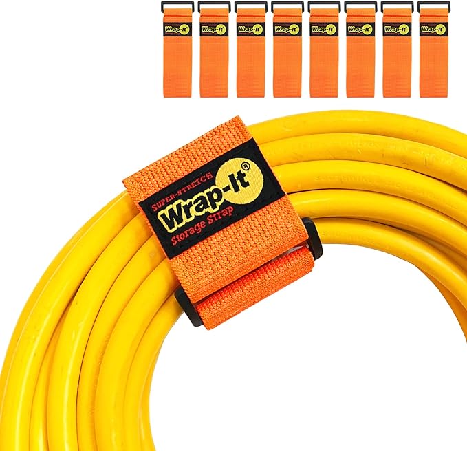 Super-Stretch Wrap-It Storage Straps - 12" (8-Pack) Orange - Elastic Hook and Loop Cinch Straps Extension Cord Organizer Hose and Cables Wraps