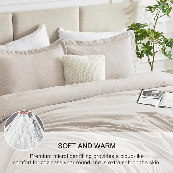 CozyLux Queen Size Comforter Set - 3 Pieces Beige Soft Luxury Cationic Dyeing Bedding Comforter for All Season, Breathable Lightweight Fluffy Boho Bed Sets with 1 Comforter and 2 Pillow Shams
