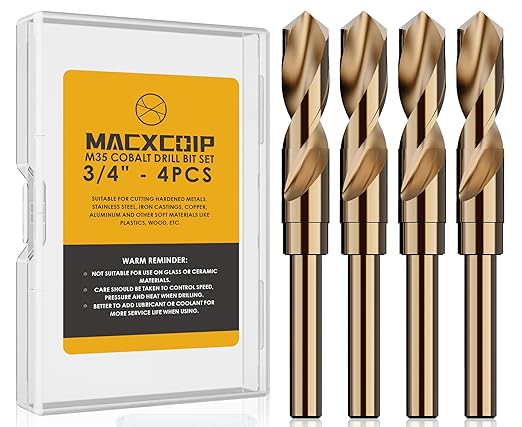 3/4" (4pcs) Cobalt Drill Bit Set - 6Inch Length, M35 High Speed Steel Jobber Length Drill Bit Kit for Hardened Metal, Stainless Steel, Cast Iron, Wood and Plastic, with Index Storage Case