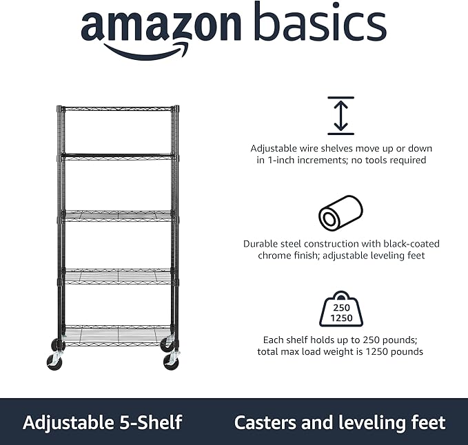 Amazon Basics 5-Shelf Adjustable, Heavy Duty Storage Shelving Unit on 4'' Wheel Casters, Metal Organizer Wire Rack, 30" L x 14" W x 64.75" H, Black