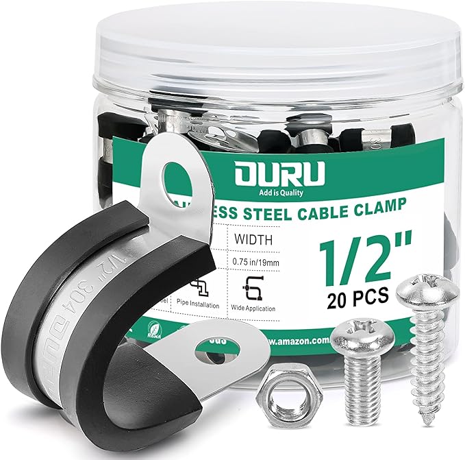 20PCS 1/2 Inch Cable Clamps with 45PCS Screws Assortment Kit 304 Stainless Steel Rubber Cushioned Insulated Cable Clamp, Automotive Wire Pipe Clamps(13mm)