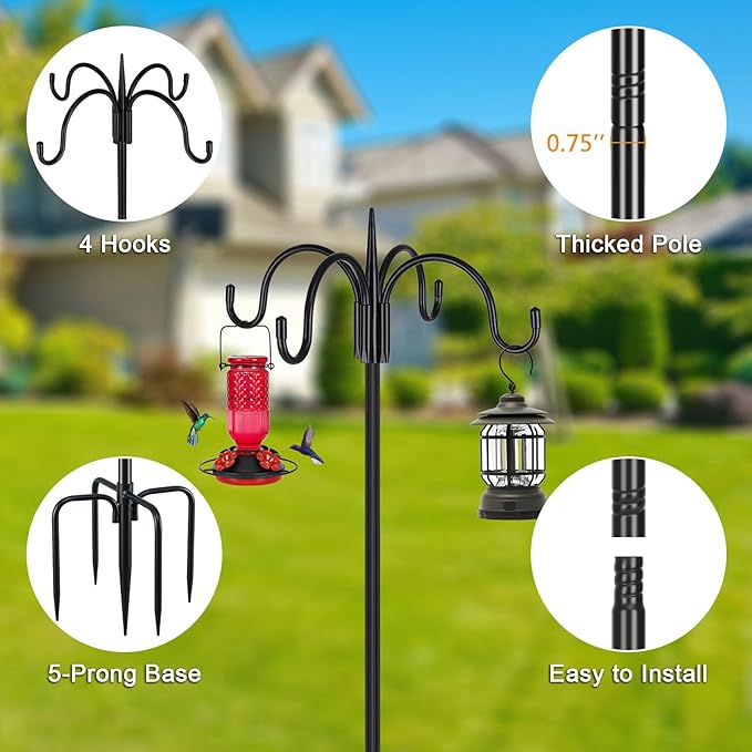 FEED GARDEN 92 Inch Adjustable Shepherd Four Hooks with Squirrel Baffle Heavy Duty Garden Hooks 5-Prong Base Bird Feeder Pole for Hanging Plant Baskets Solar Lights Lanterns