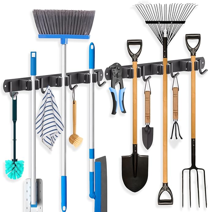 ZONGOOL 2 Pack Mop Broom Holder Wall Mount, Broom Organizer Storage Tool Racks Stainless Steel Self Adhesive Heavy Duty Hooks for Home Kitchen Garden (3 Racks with 4 Hooks, Black)