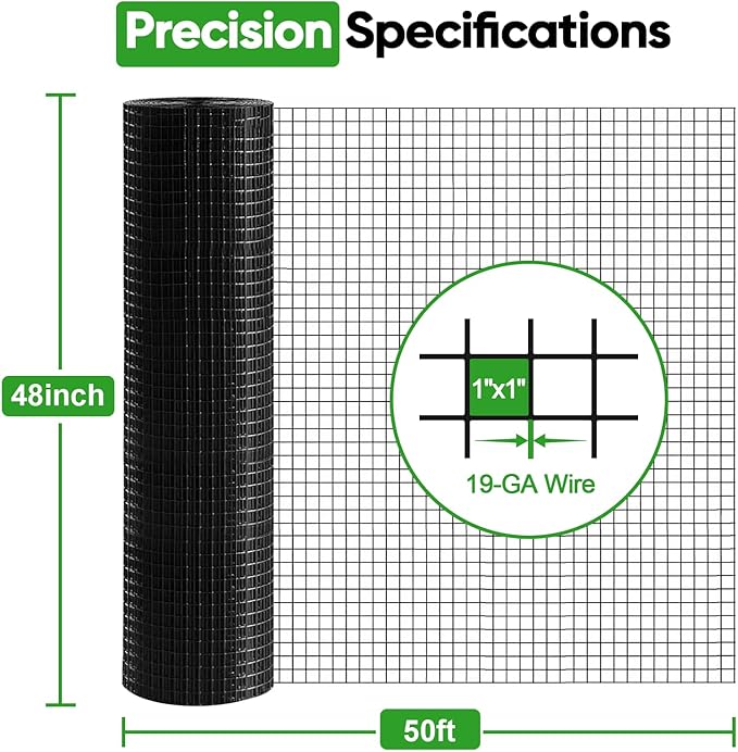 Black Hardware Cloth 48in x 50ft – 19 Gauge Vinyl Coated Steel Wire Mesh Roll, 1" Square Welded Fence for Chicken Coop, Garden Barrier, Animal Control, Outdoor Pet Enclosure, Rodent Proofing