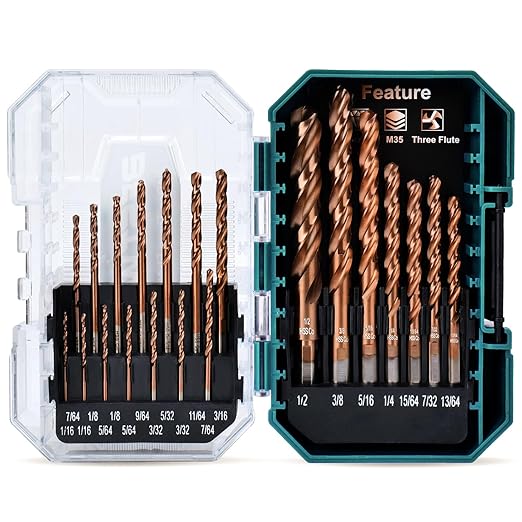 3-Flute Cobalt Drill Bit Set, M35 Metal Drill Bits for Metal and Steel, 3-Flats Shank, 135 Degree Split Point, for Hardened Steel, Stainless Steel, 21-Piece, 1/16"-1/2"