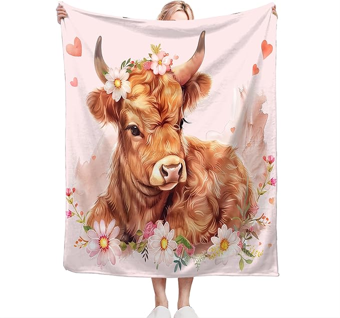 Highland Cow Throw Blanket - Cute Gifts and Decor for Girls, Women, Kids, Adults - Soft Warm Cozy Fleece for Couch, Sofa, Bed 80"x60"