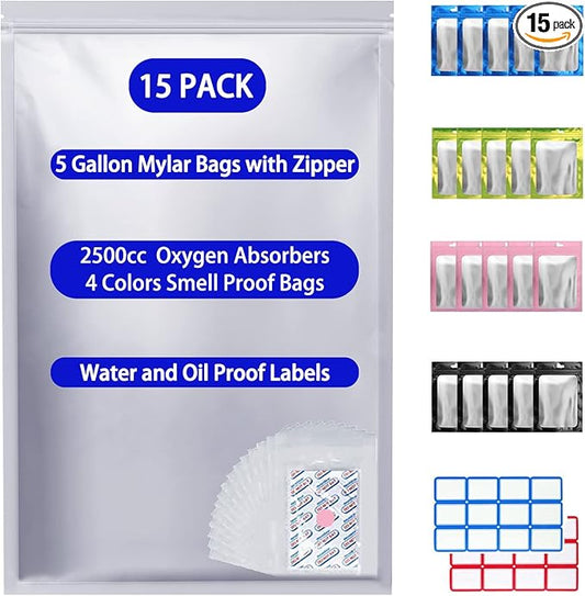 15 Pcs 5 Gallon Mylar Bags with 15 Pcs Individually Wrapped 2500CC Oxygen Absorbers for food storage, Zipper Resealable Heat Sealable Bags,24 Labels & 20 Pcs 1/2 Pint Mylar Bags(4 Colors)