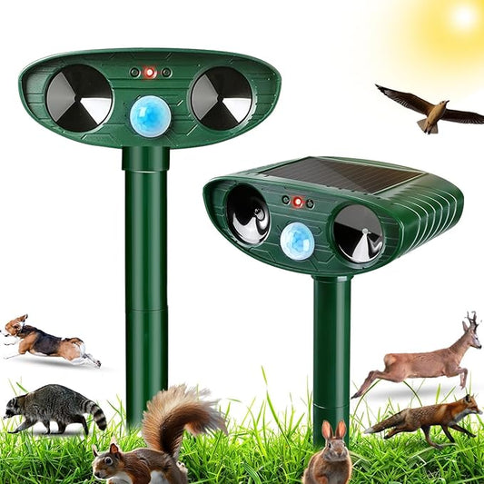 2 Pack Solar Animal Repellent Ultrasonic Deer Repellent Cat Repellent Outdoor to Repel Squirrel Rabbit Dog Raccoon Animal Deterrent with Motion Sensor Protect Yard Lawn Garden
