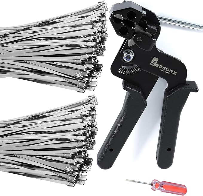 Metal Zip Tie Tool Kit: Heavy-Duty Stainless Steel Cable Tie Tensioner with 200PCS 11.8-Inch Self-Locking Metal Zip Ties for Fencing, Exhaust, Pipes & Industrial Repairs (200PCS+TOOL, SILVER)