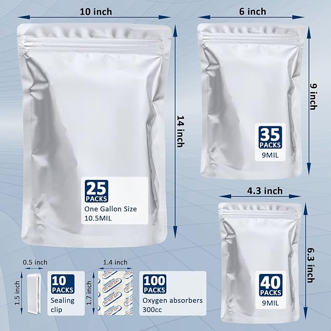 100 Pack Mylar Bags for Food Storage with 100x300cc Oxygen Absorbers - 9 Mil 10"x14", 9Mil 6"x9", 9Mil 4.3"x6.3" - Resealable Bags for Packaging Products & Ziplock Food Grade Bag for Storage