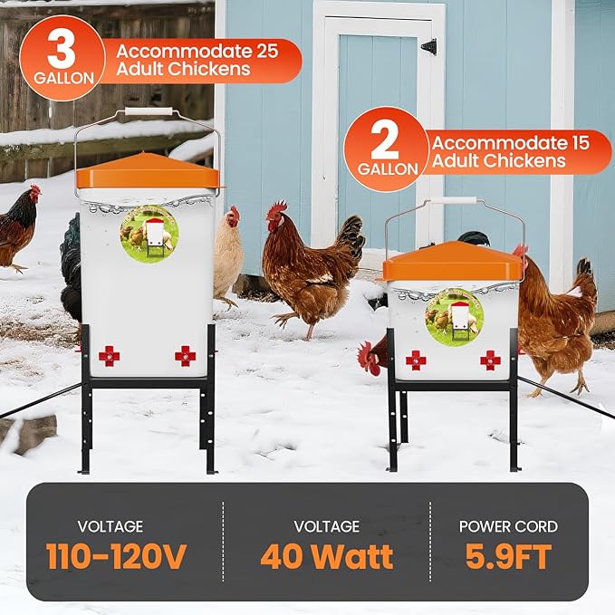 Nexum 2 Gallon Heated Chicken Waterer, Thermostatically Controlled Anti-Freeze Poultry Drinker with 4 Nipples & Adjustable Stand for Winter Coop Accessories (Orange)