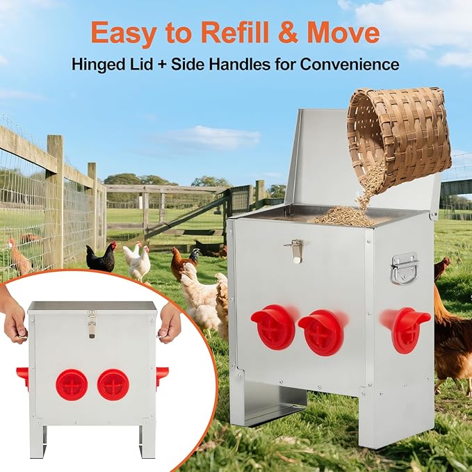 Automatic Chicken Feeder 25lbs, Galvanized Metal Chicken Food Dispenser, Rainproof & Rodent Proof No Waste Poultry Feeder for Backyard Coop, Farm, Ducks & Hens (4 Ports)