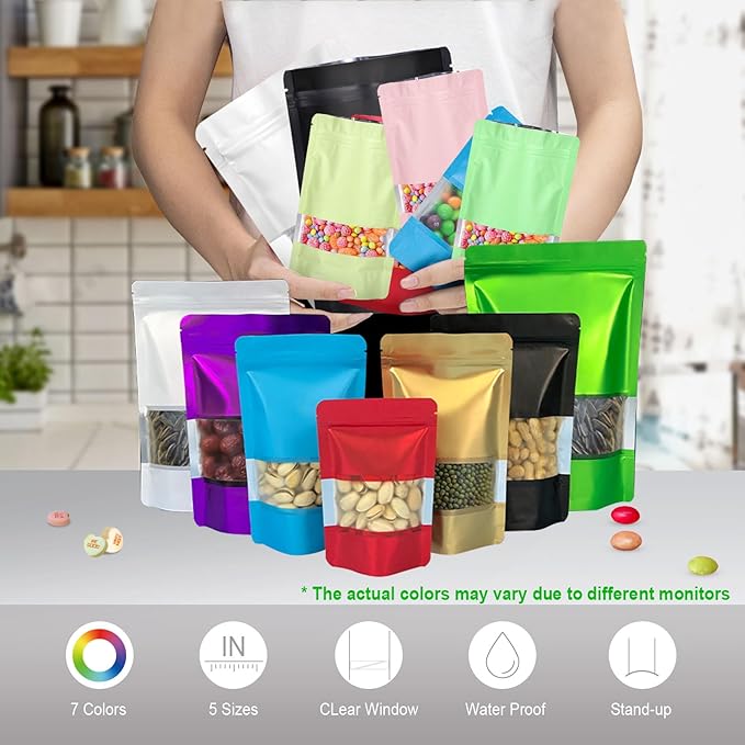 5.5"x7.8" 120pcs Mylar Bags for Food Storage,Smell Proof Bag with Matte Window Resealable Food Storage Bags for Small Business, Stand-up Foil Pouch Packaging Freeze Dried Candy Bag(Pink)