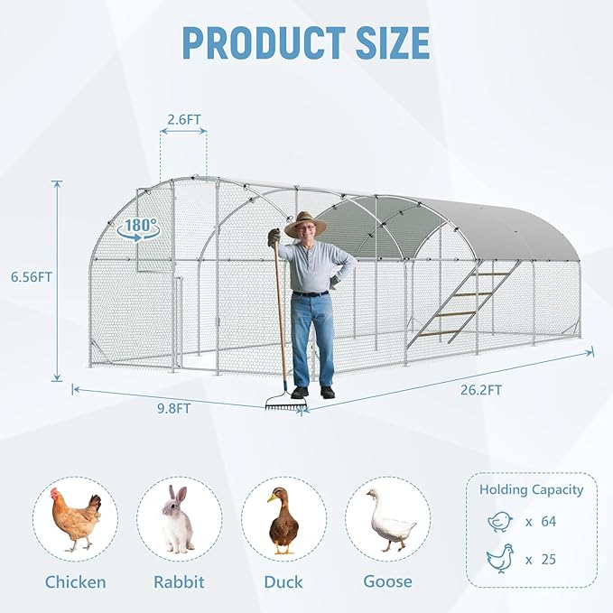 Large Chicken Coop,10x26x6.5FT Metal Chicken Run for Yard with Feeding Door, Round Top Walk-in Chicken Pen,Outdoor Poultry Cage with Anti-UV Cover,Rabbit Duck House