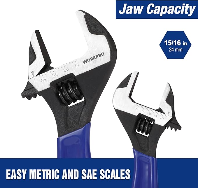 WORKPRO 6-Inch Adjustable Wrench, Wide Jaw Cr-V Steel Black Oxide Finish, for Medium-Size Bolts (M6–M16), Metric & SAE Scales, for Home, Garage, DIY & Workshop Use