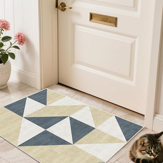 2x3 Washable Area Rugs Geometric Abstract Small Carpet Blue and Gold Doormat for Entryway Bathroom Living Room Bedroom Washing Room Non Slip