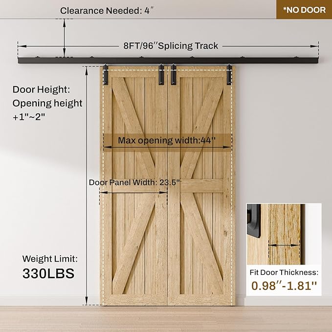 8FT/96'' Box Rail Exterior Sliding Barn Door Hardware Kit for Double Door Aluminium Alloy Wall Mount, Heavy Duty, NO Door Panel